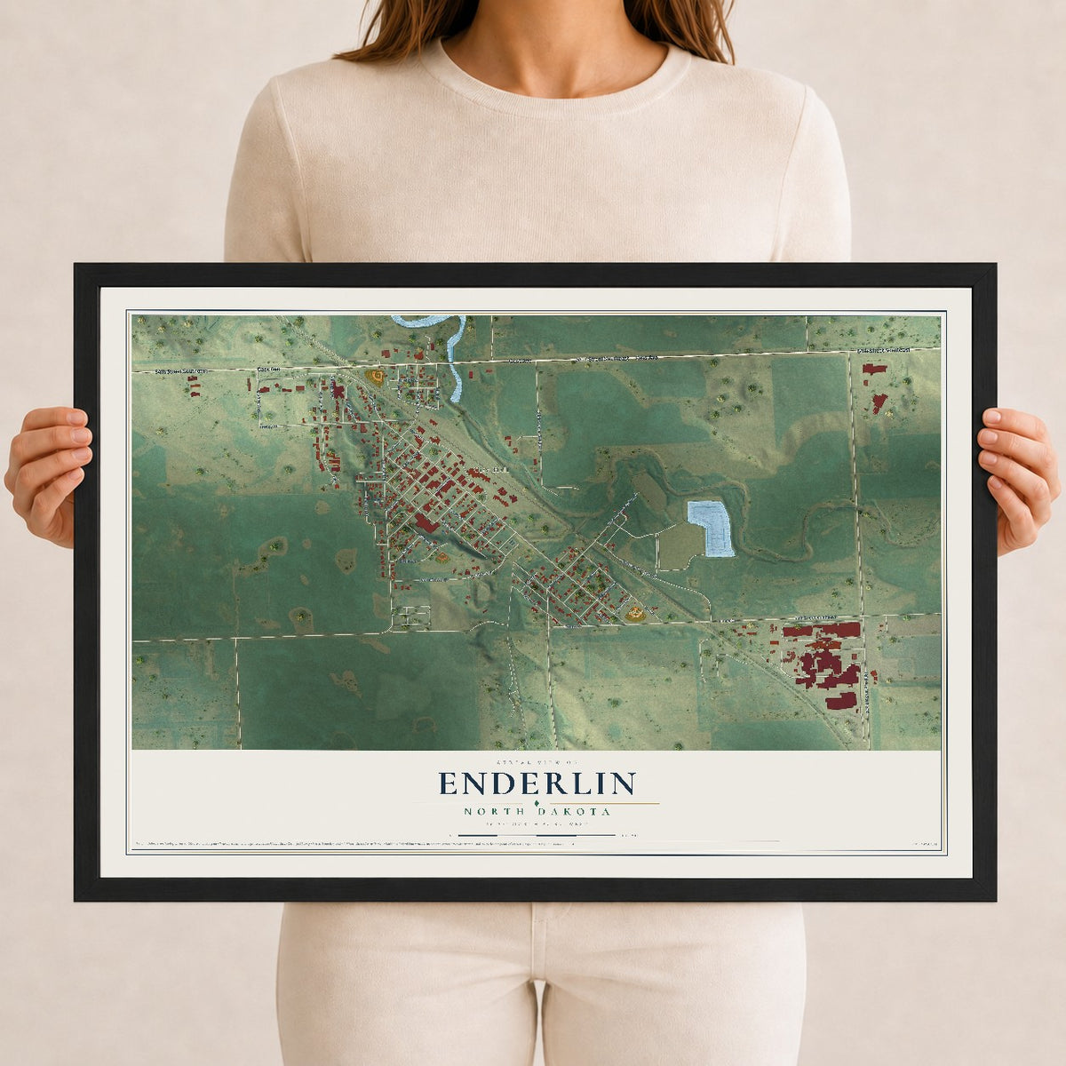 Map of Enderlin, North Dakota, 12 x 18 inch print in a black wood frame