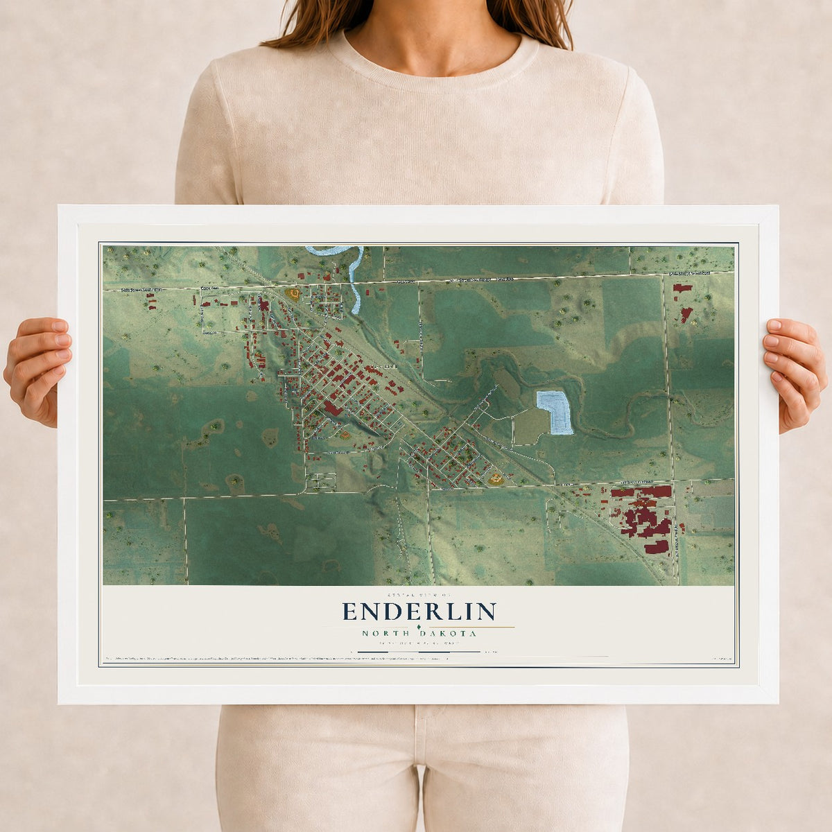 Map of Enderlin, North Dakota, 12 x 18 inch print in a white wood frame