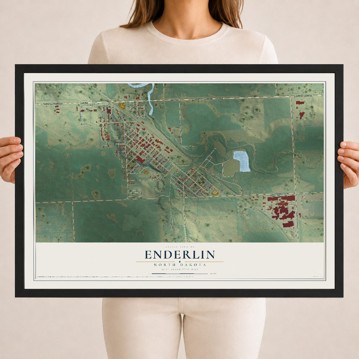 Map of Enderlin, North Dakota, 18 x 24 inch print in a black wood frame