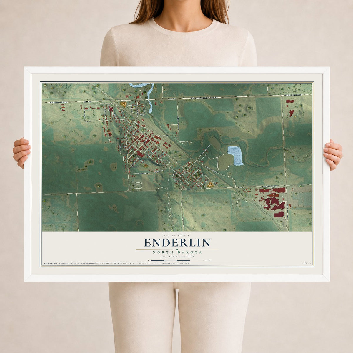 Map of Enderlin, North Dakota, 24 x 36 inch print in a white wood frame