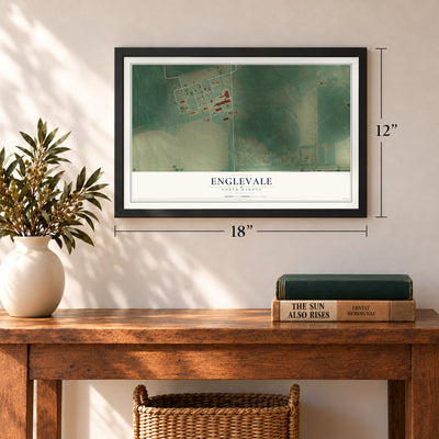 Englevale, North Dakota map, 12 x 18 inch print in a black frame in an entryway