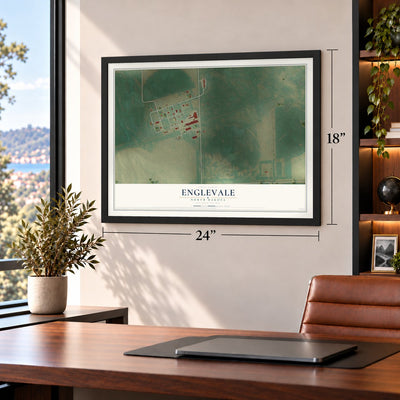 Englevale, North Dakota map, 18 x 24 inch print in a black frame in a home office