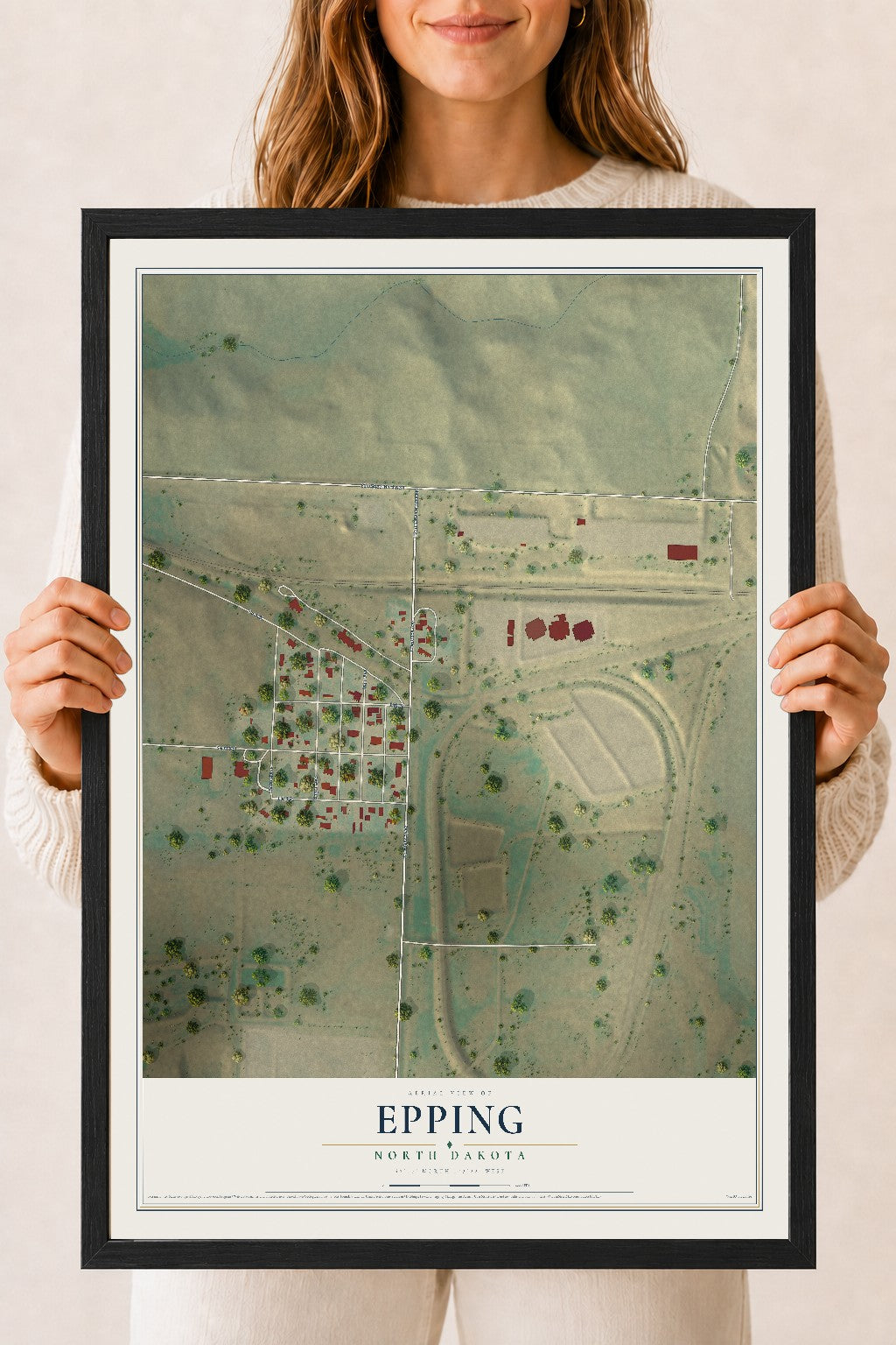 Map of Epping, North Dakota, 18 x 24 inch print in a black wood frame