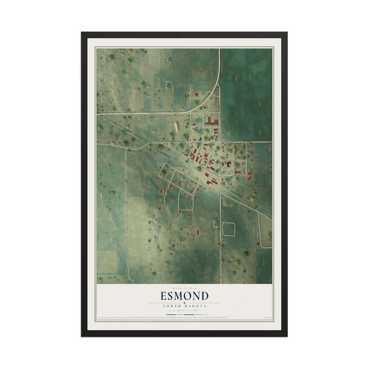 Map of Esmond, North Dakota, 12 x 18 inch print in a black wood frame