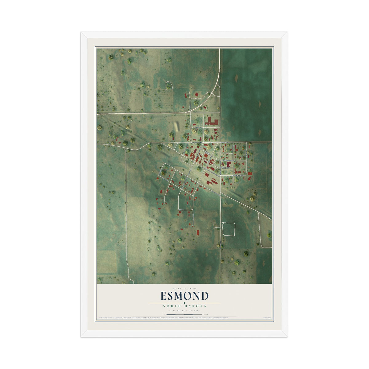 Map of Esmond, North Dakota, 12 x 18 inch print in a white wood frame