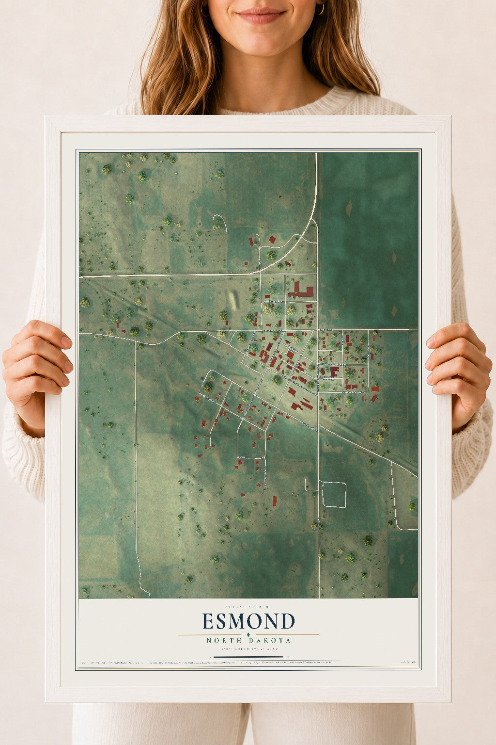 Map of Esmond, North Dakota, 18 x 24 inch print in a white wood frame