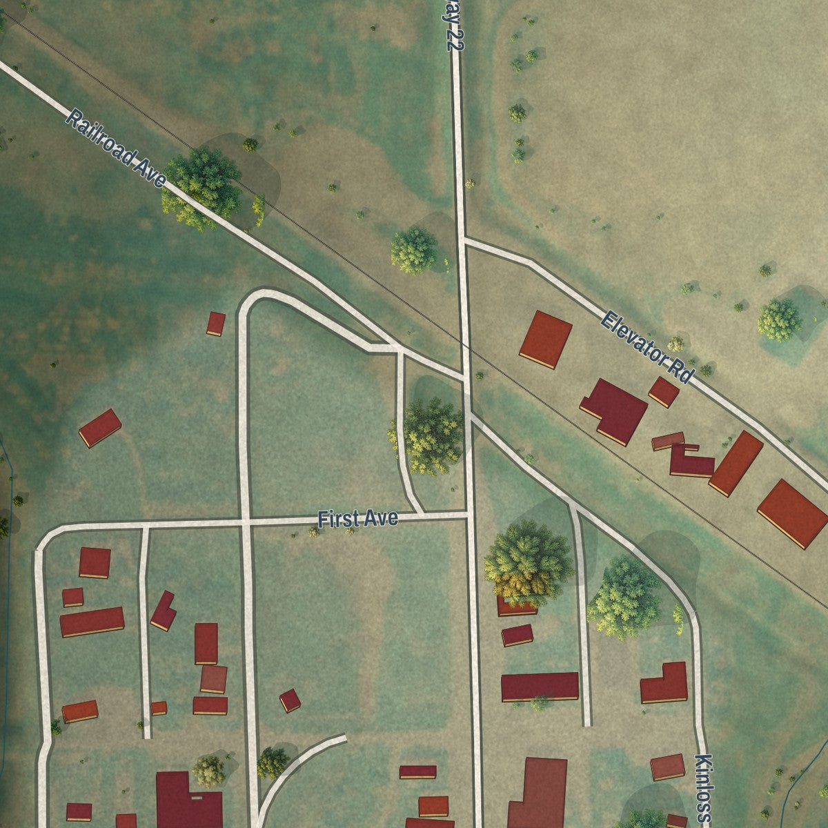 Close-up of the map of Fairdale, North Dakota print showing street and building detail