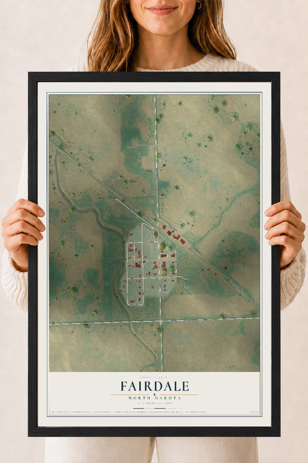 Map of Fairdale, North Dakota, 18 x 24 inch print in a black wood frame