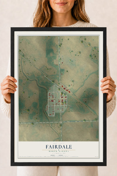 Map of Fairdale, North Dakota, 18 x 24 inch print in a black wood frame
