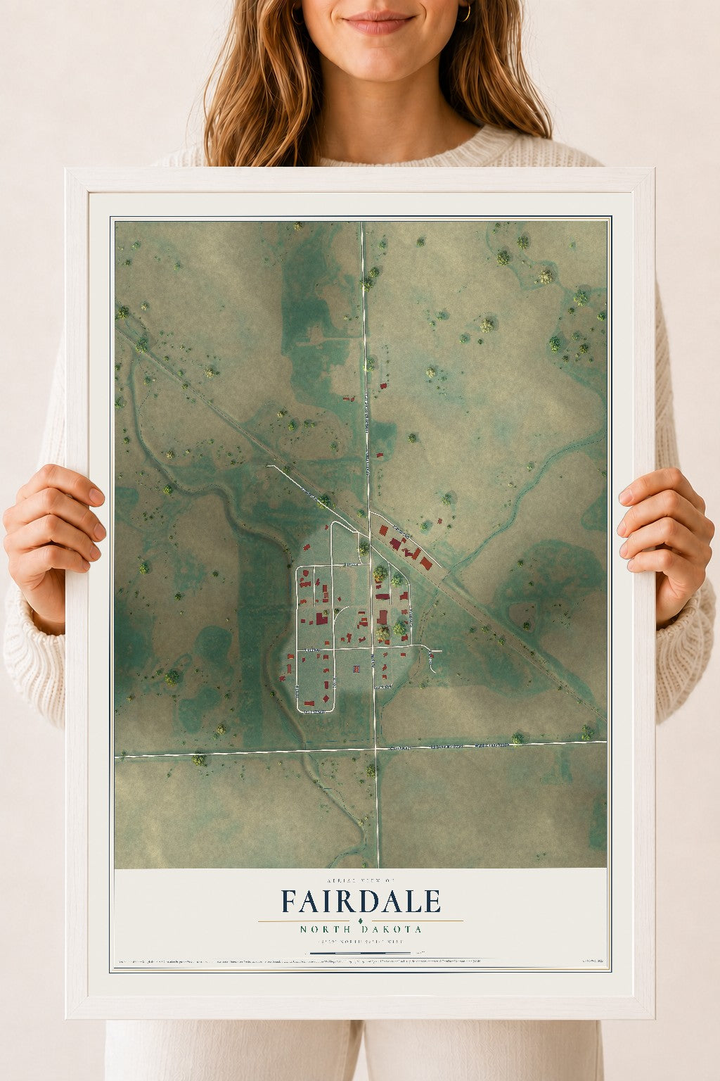 Map of Fairdale, North Dakota, 18 x 24 inch print in a white wood frame