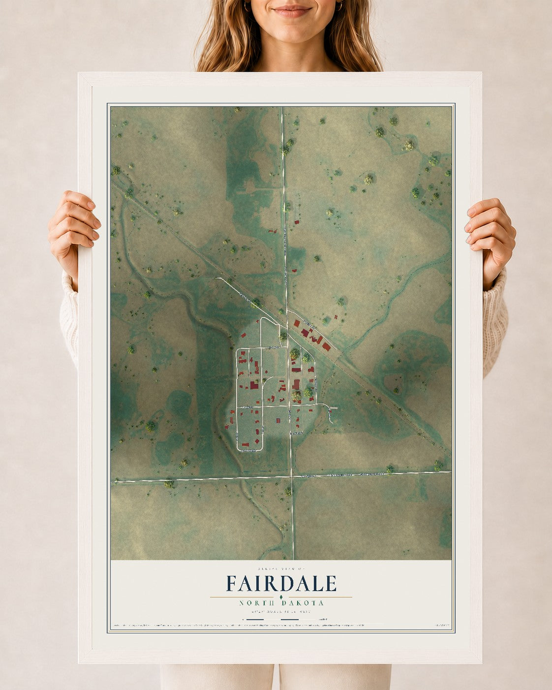 Map of Fairdale, North Dakota, 24 x 36 inch print in a white wood frame