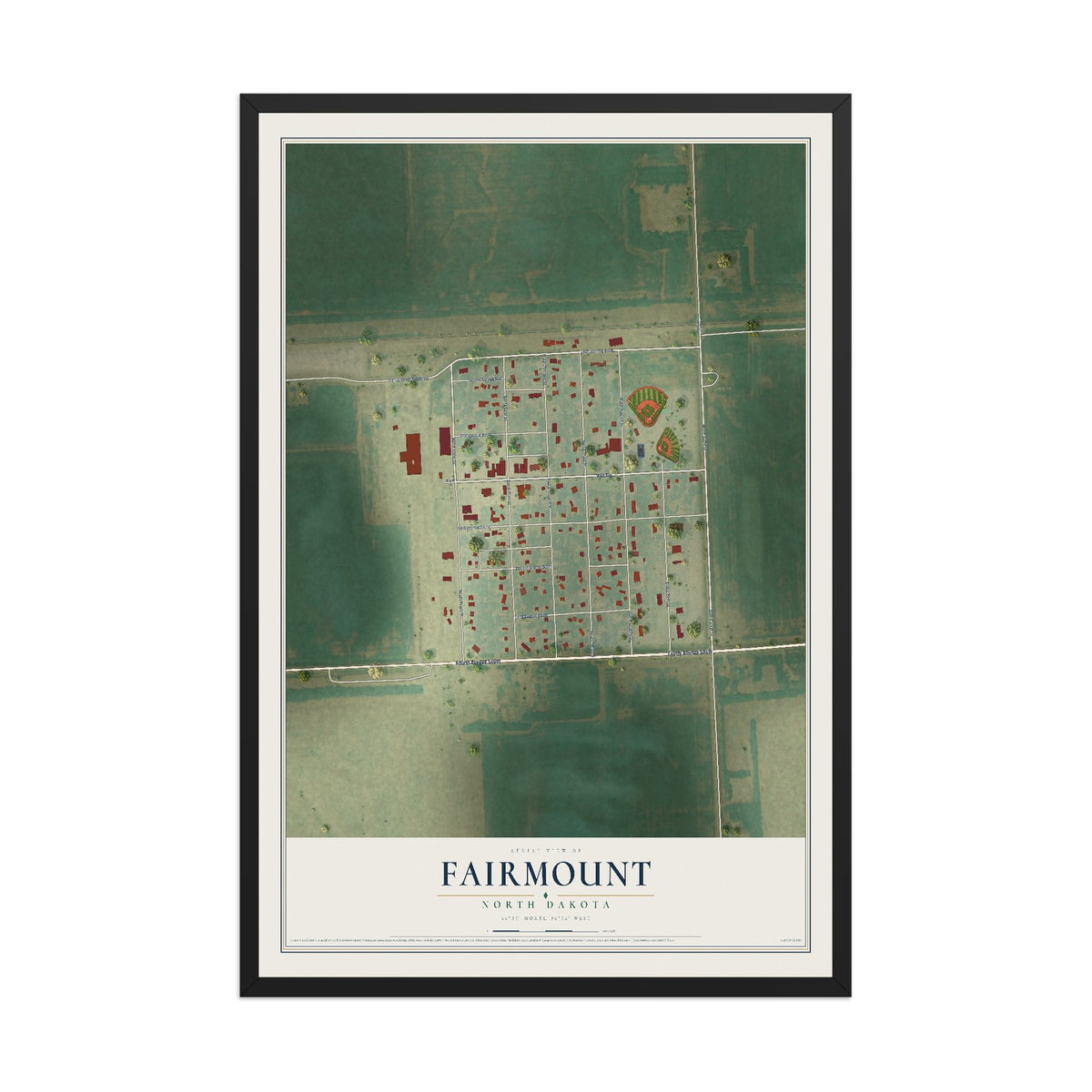 Map of Fairmount, North Dakota, 12 x 18 inch print in a black wood frame