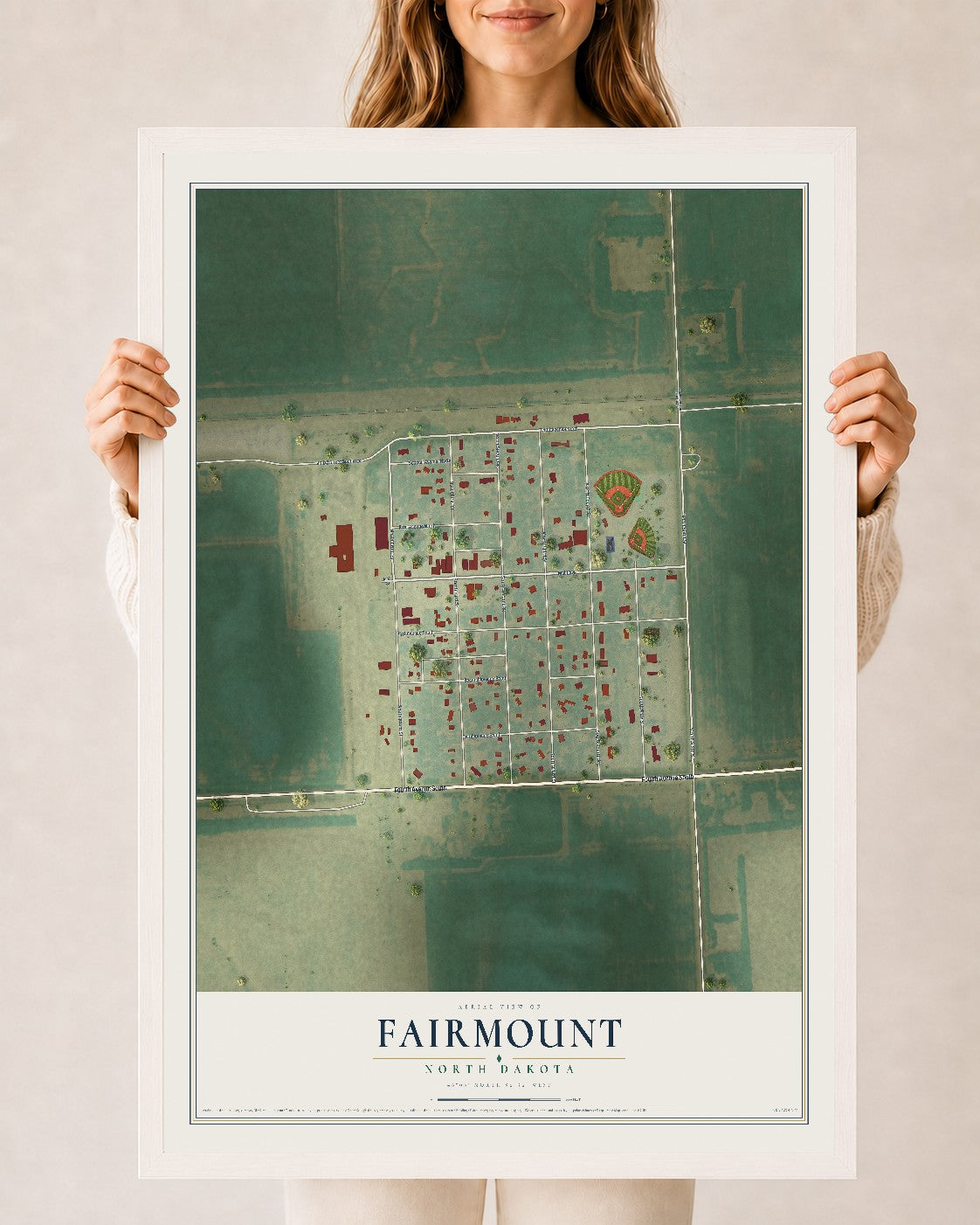 Map of Fairmount, North Dakota, 24 x 36 inch print in a white wood frame