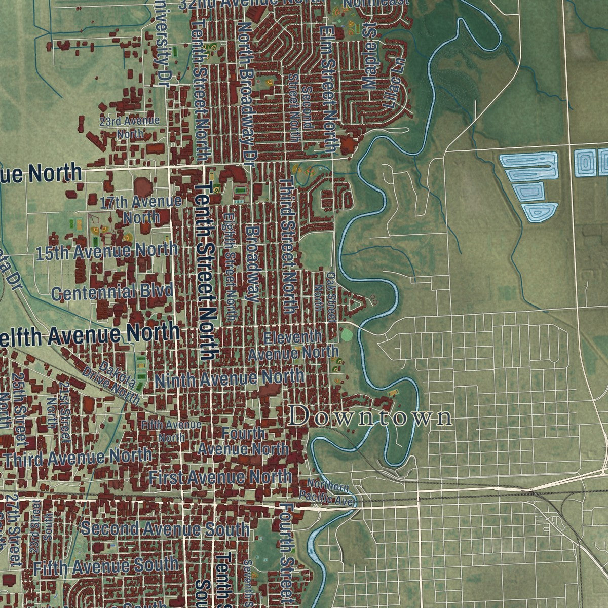 Second close-up of the map of Fargo, North Dakota print showing more streets and buildings