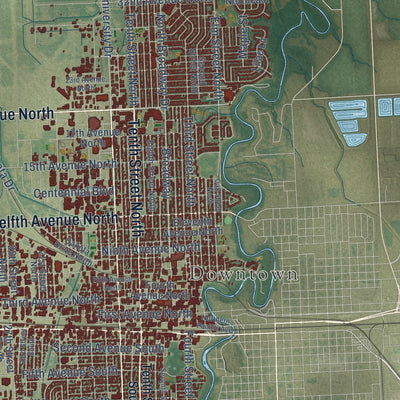 Second close-up of the map of Fargo, North Dakota print showing more streets and buildings