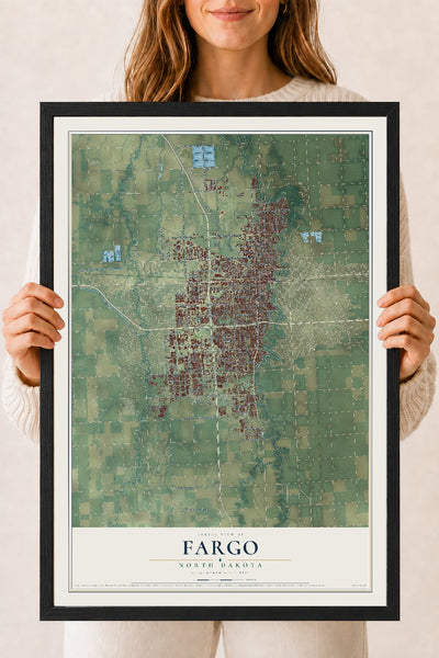 Map of Fargo, North Dakota, 18 x 24 inch print in a black wood frame