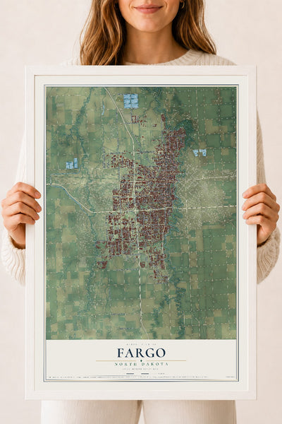 Map of Fargo, North Dakota, 18 x 24 inch print in a white wood frame