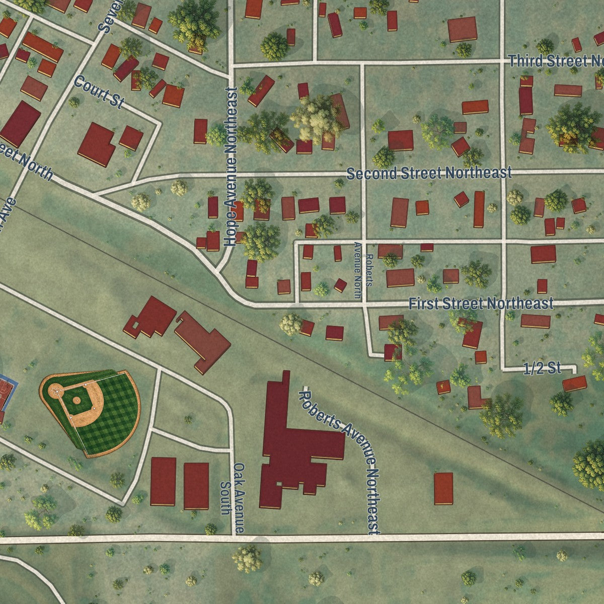Second close-up of the map of Fessenden, North Dakota print showing more streets and buildings