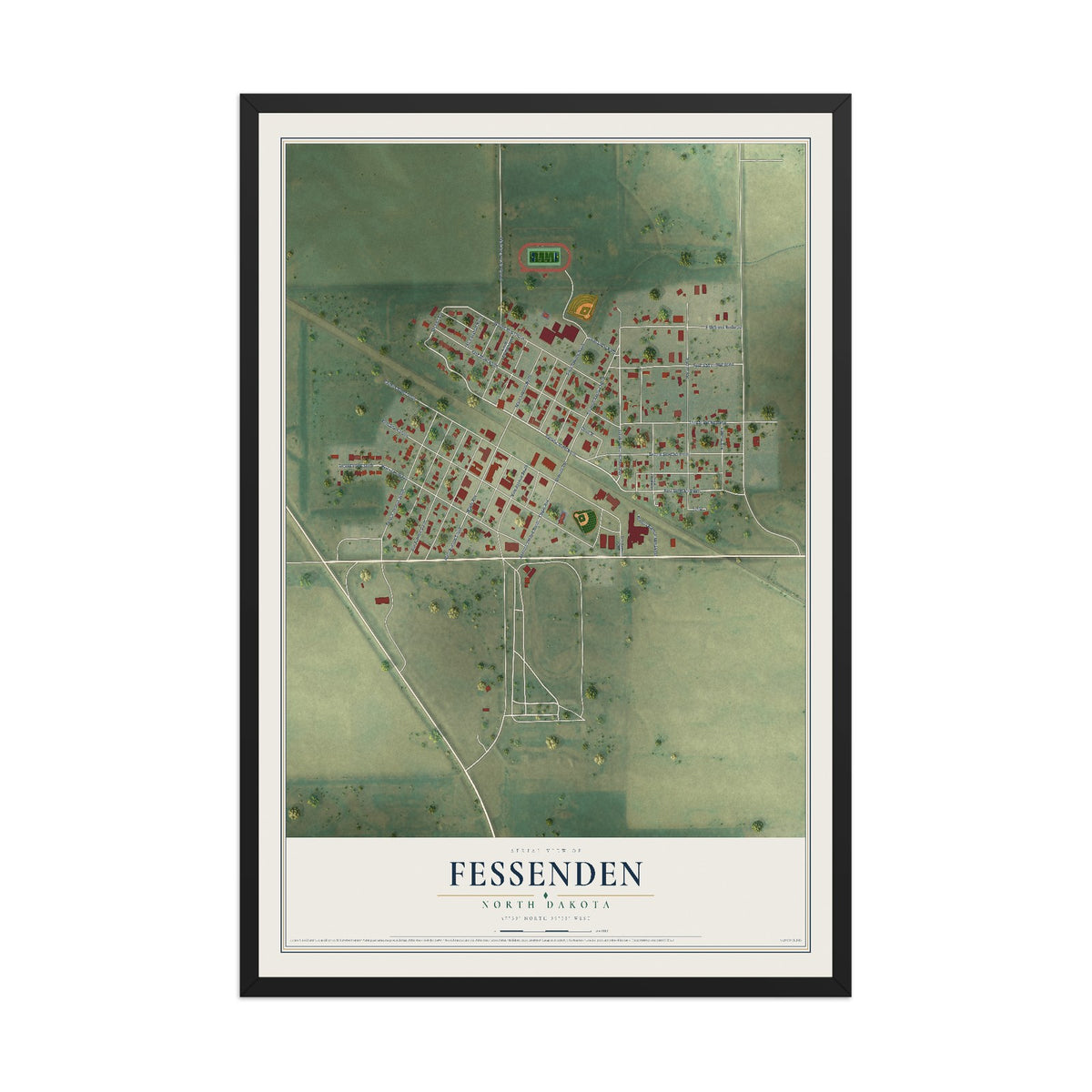 Map of Fessenden, North Dakota, 12 x 18 inch print in a black wood frame