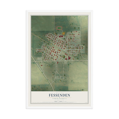 Map of Fessenden, North Dakota, 12 x 18 inch print in a white wood frame