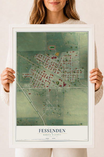 Map of Fessenden, North Dakota, 18 x 24 inch print in a white wood frame