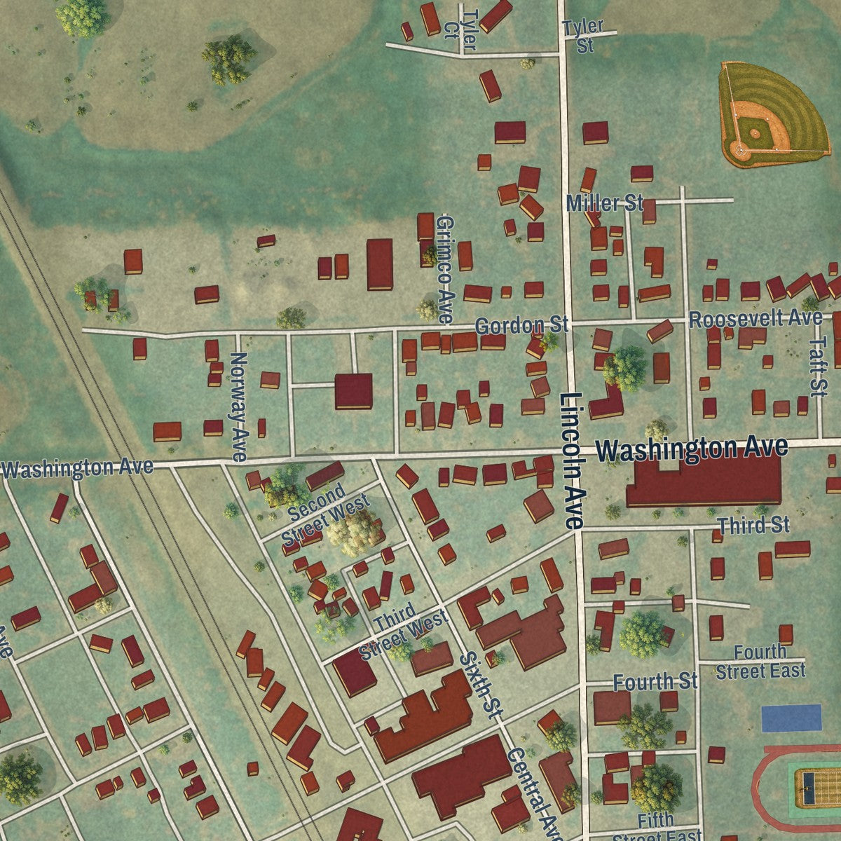 Close-up of the map of Finley, North Dakota print showing street and building detail