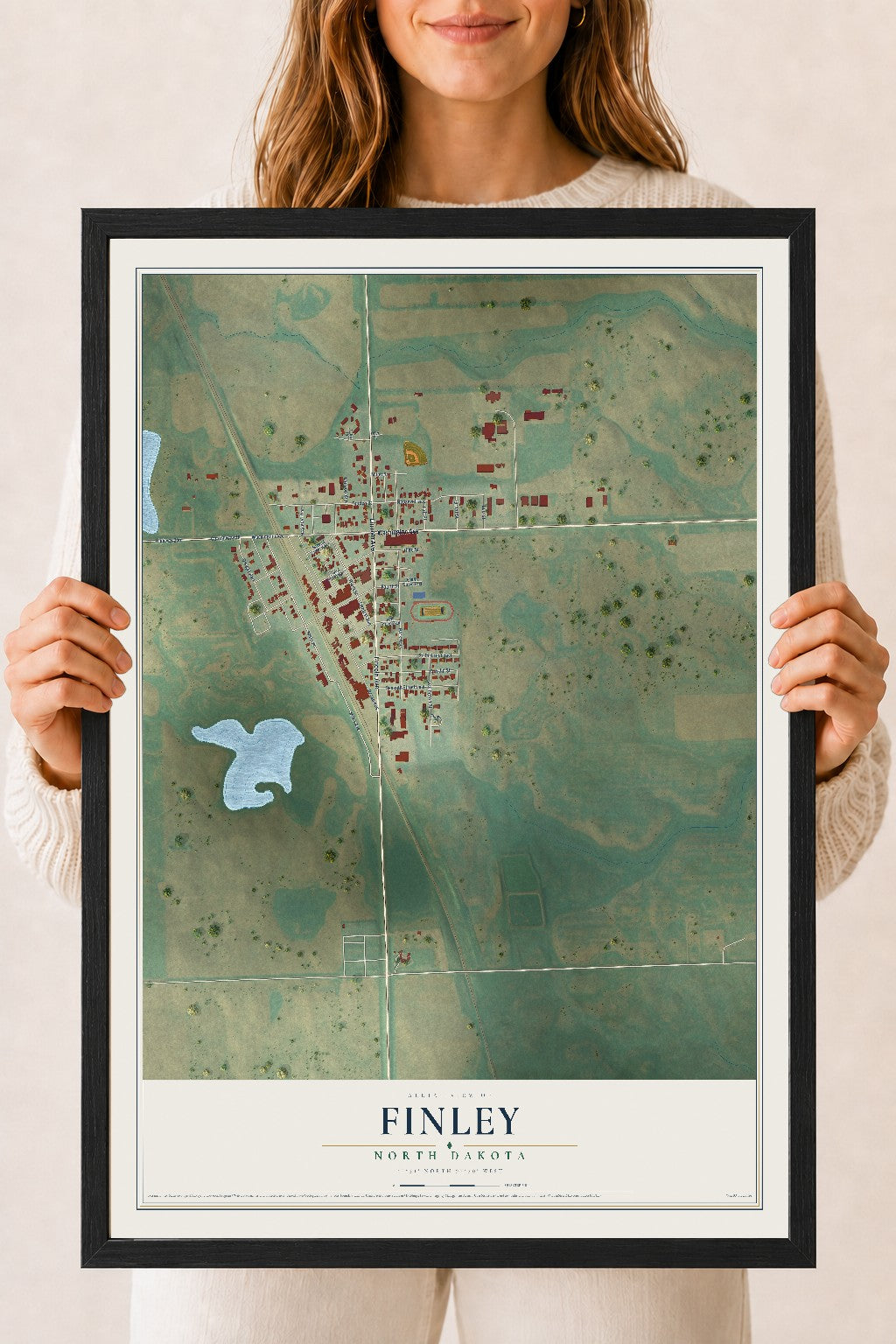 Map of Finley, North Dakota, 18 x 24 inch print in a black wood frame