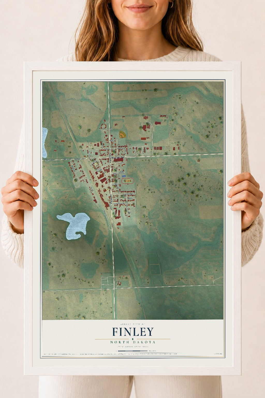 Map of Finley, North Dakota, 18 x 24 inch print in a white wood frame