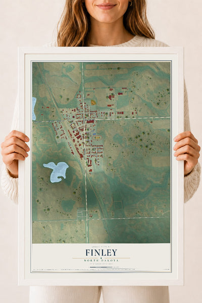 Map of Finley, North Dakota, 18 x 24 inch print in a white wood frame