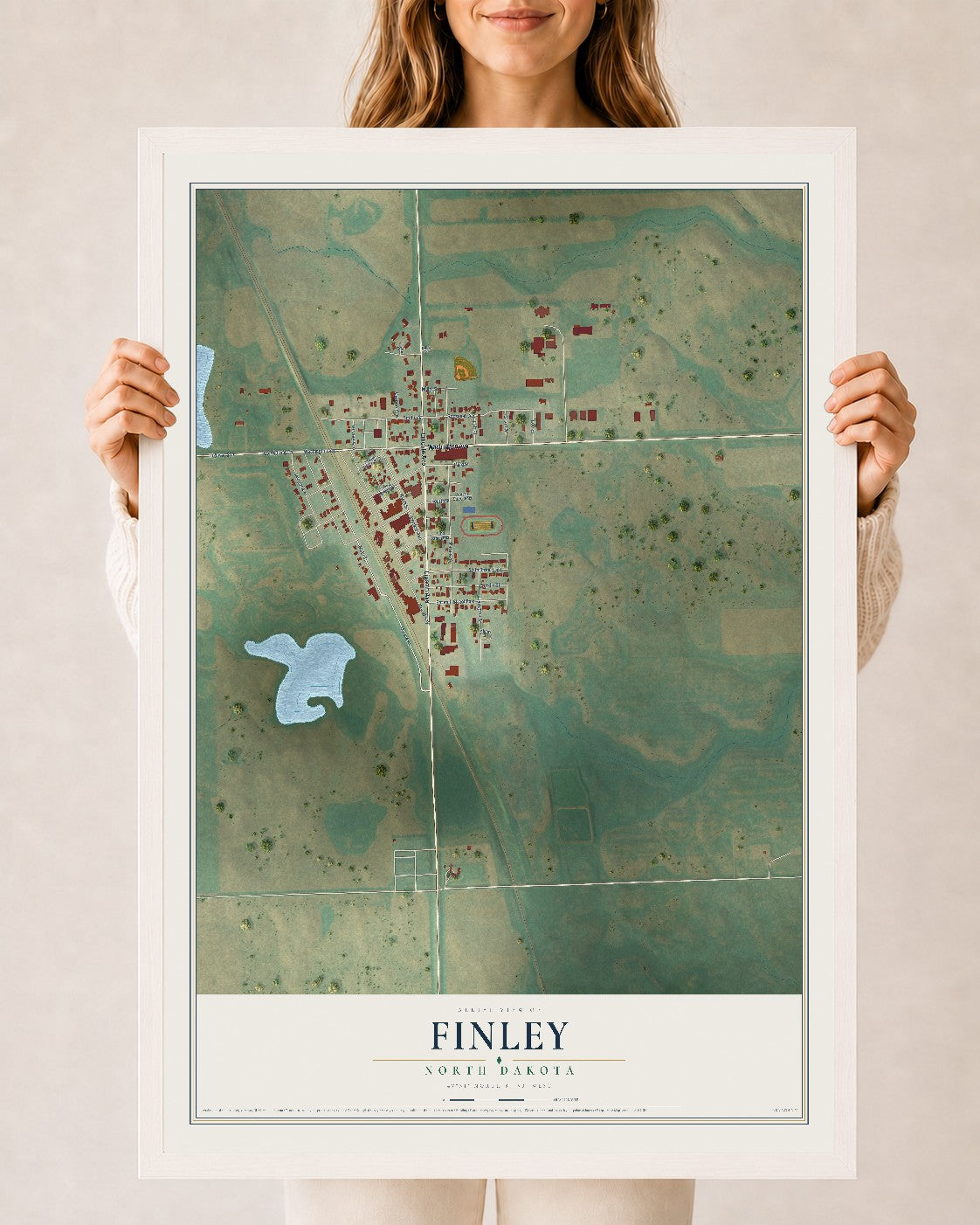 Map of Finley, North Dakota, 24 x 36 inch print in a white wood frame