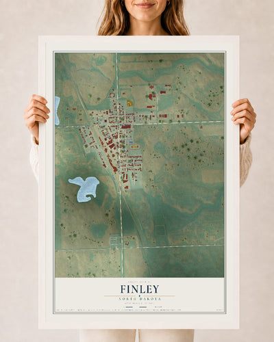 Map of Finley, North Dakota, 24 x 36 inch print in a white wood frame