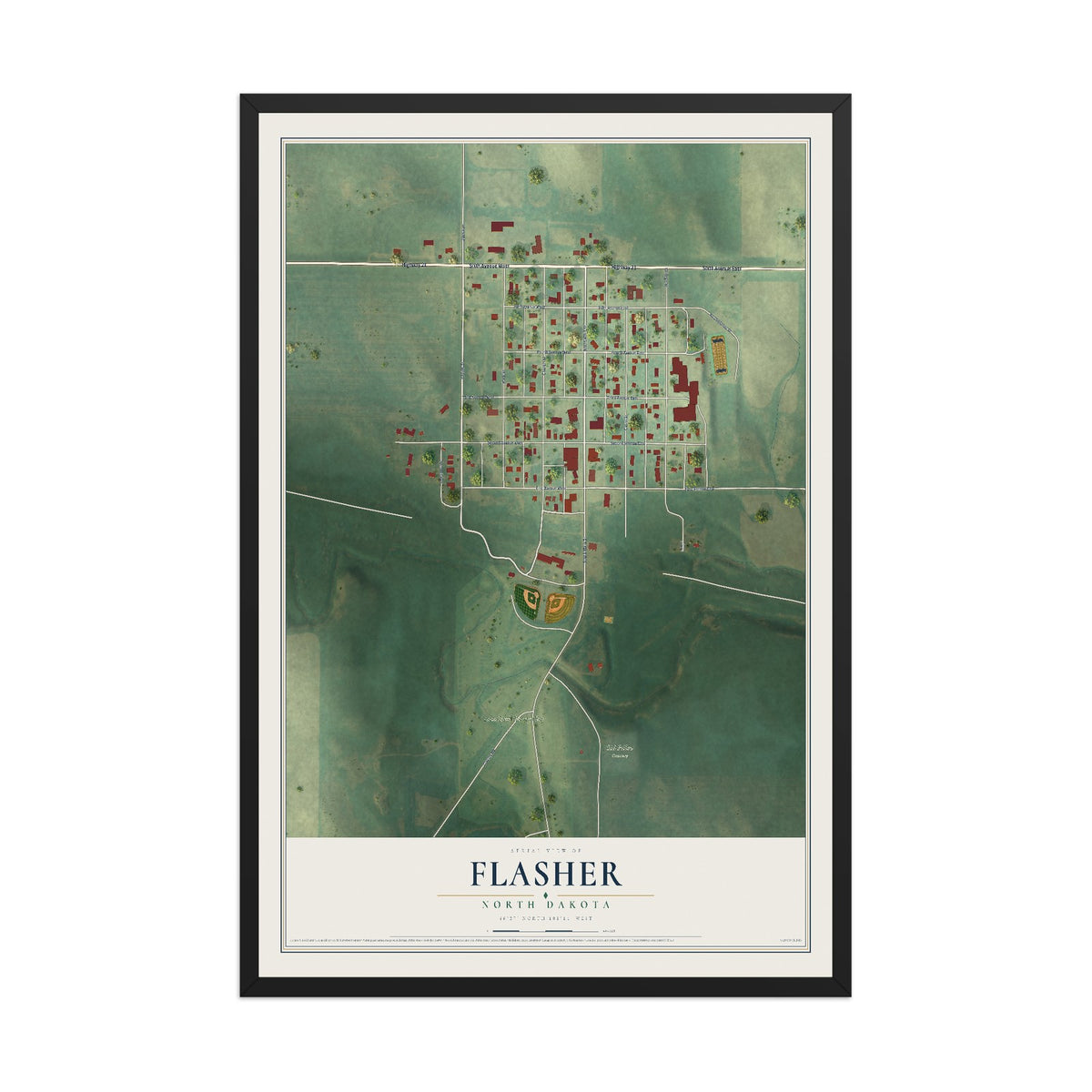 Map of Flasher, North Dakota, 12 x 18 inch print in a black wood frame