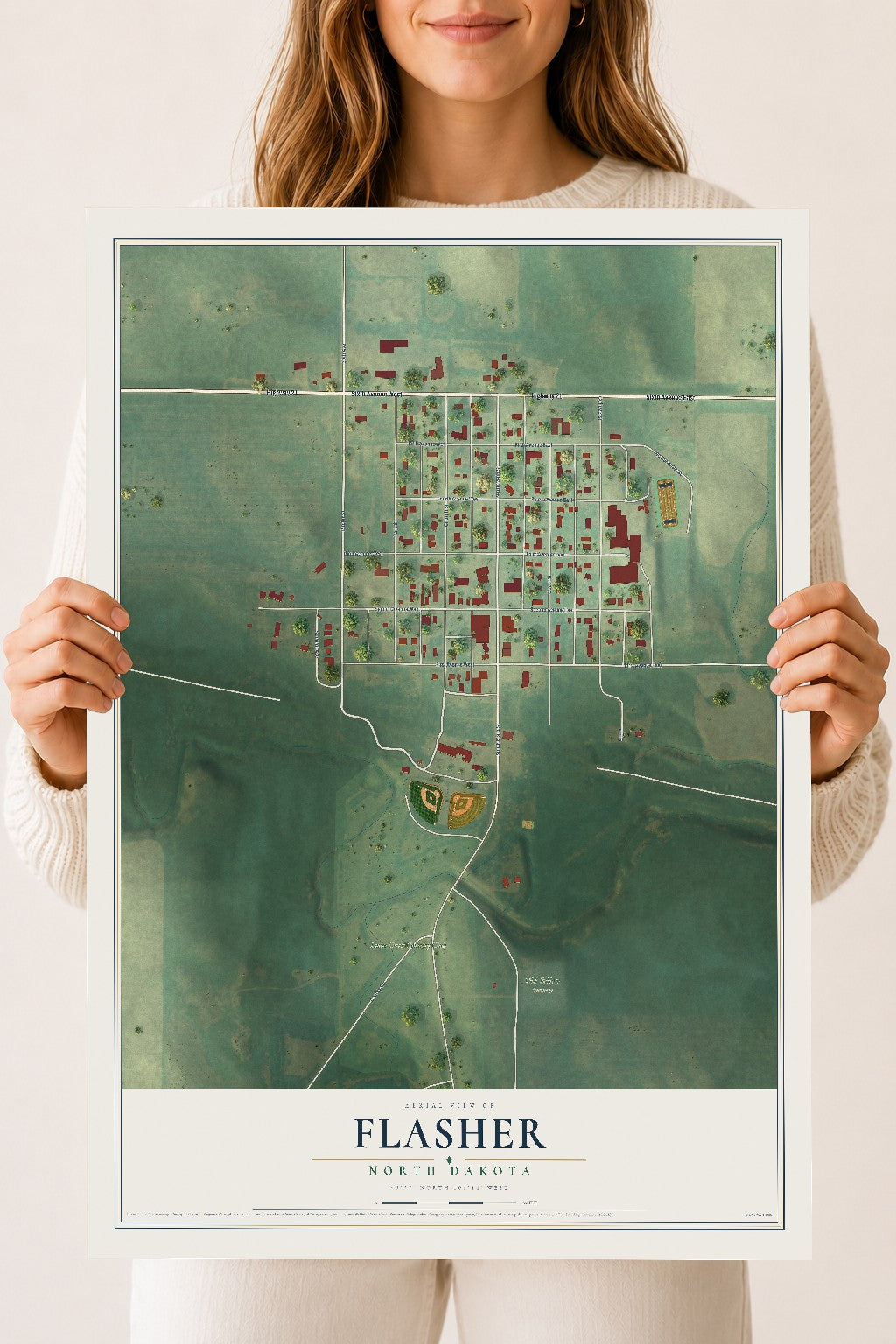 Map of Flasher, North Dakota, 18 x 24 inch unframed archival matte print