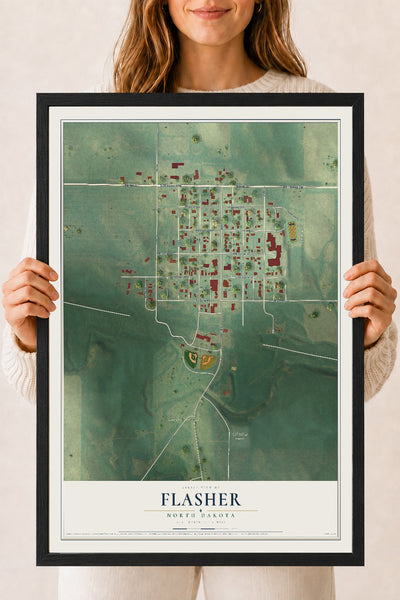 Map of Flasher, North Dakota, 18 x 24 inch print in a black wood frame