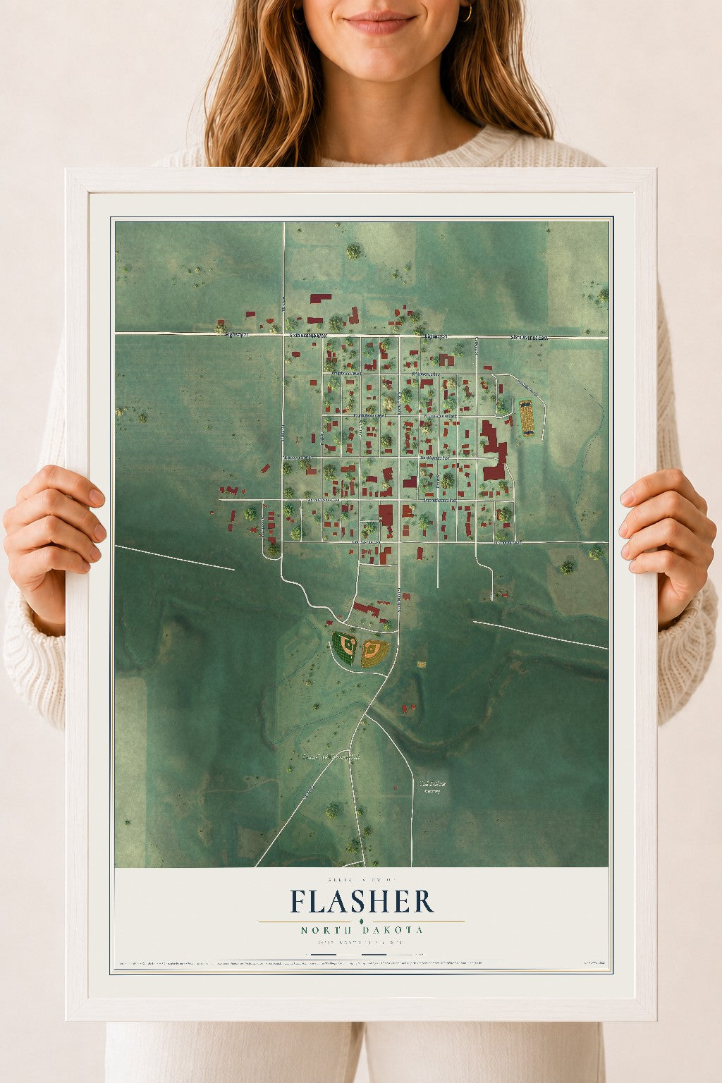 Map of Flasher, North Dakota, 18 x 24 inch print in a white wood frame