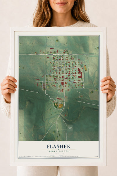 Map of Flasher, North Dakota, 18 x 24 inch print in a white wood frame