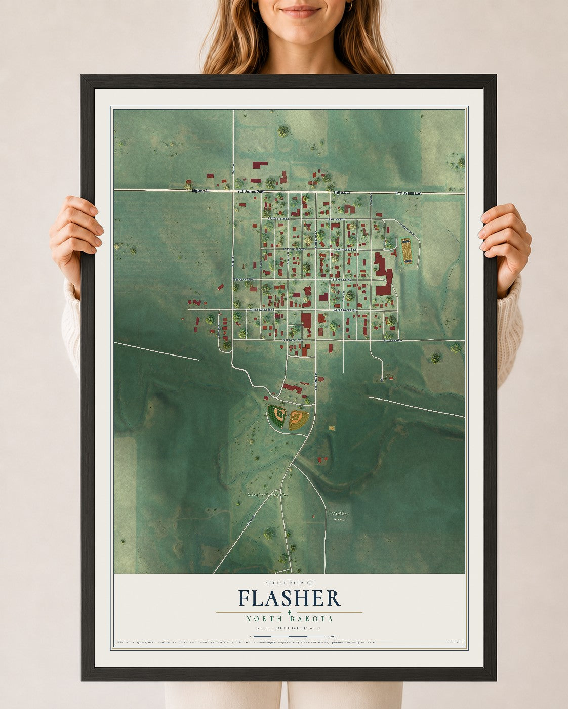 Map of Flasher, North Dakota, 24 x 36 inch print in a black wood frame