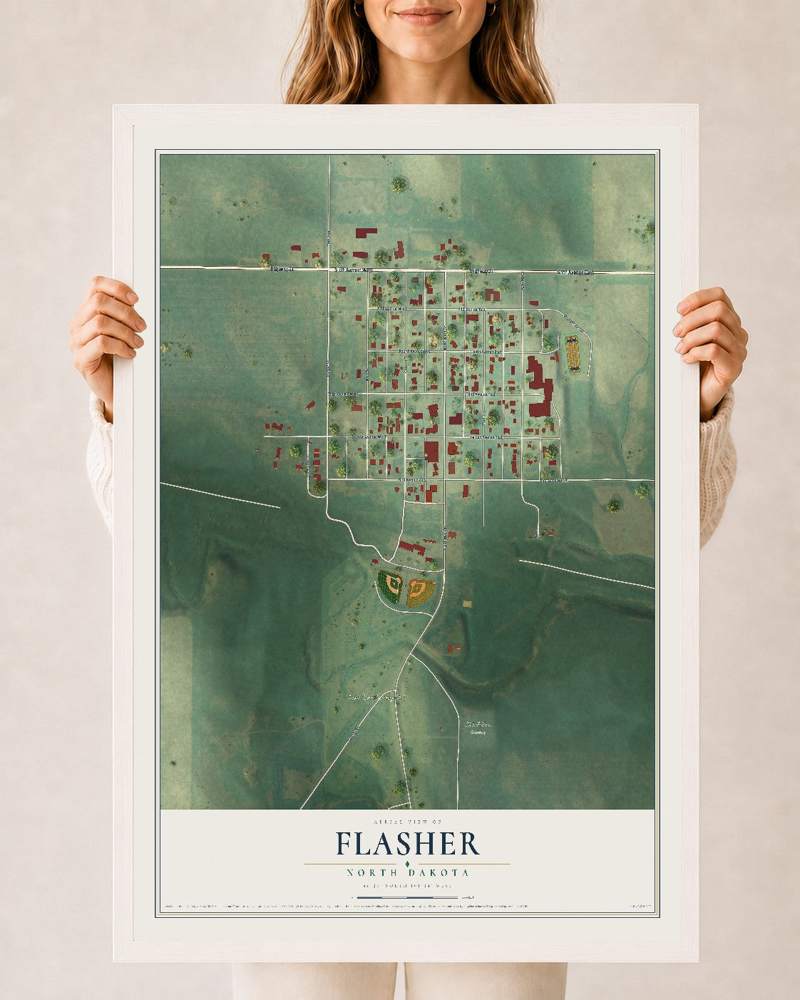 Map of Flasher, North Dakota, 24 x 36 inch print in a white wood frame