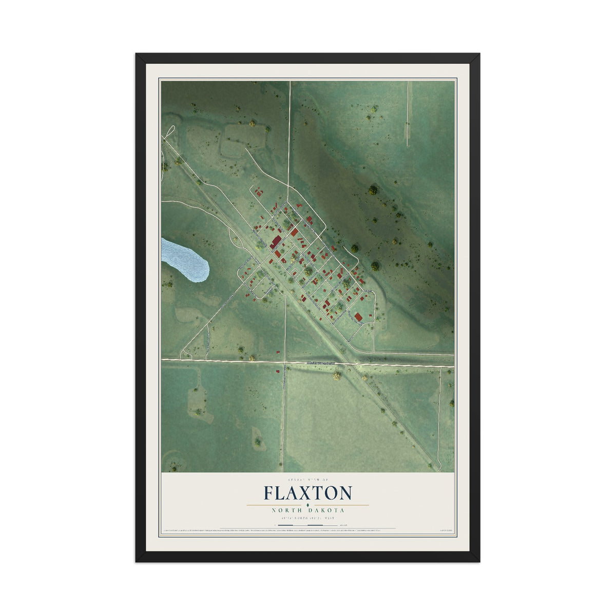 Map of Flaxton, North Dakota, 12 x 18 inch print in a black wood frame
