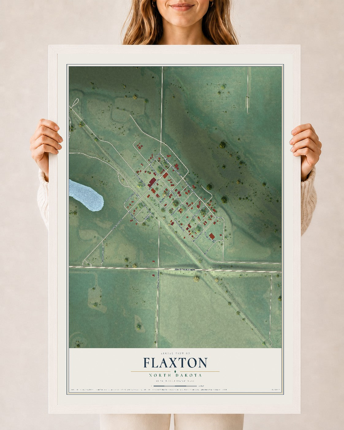 Map of Flaxton, North Dakota, 24 x 36 inch print in a white wood frame