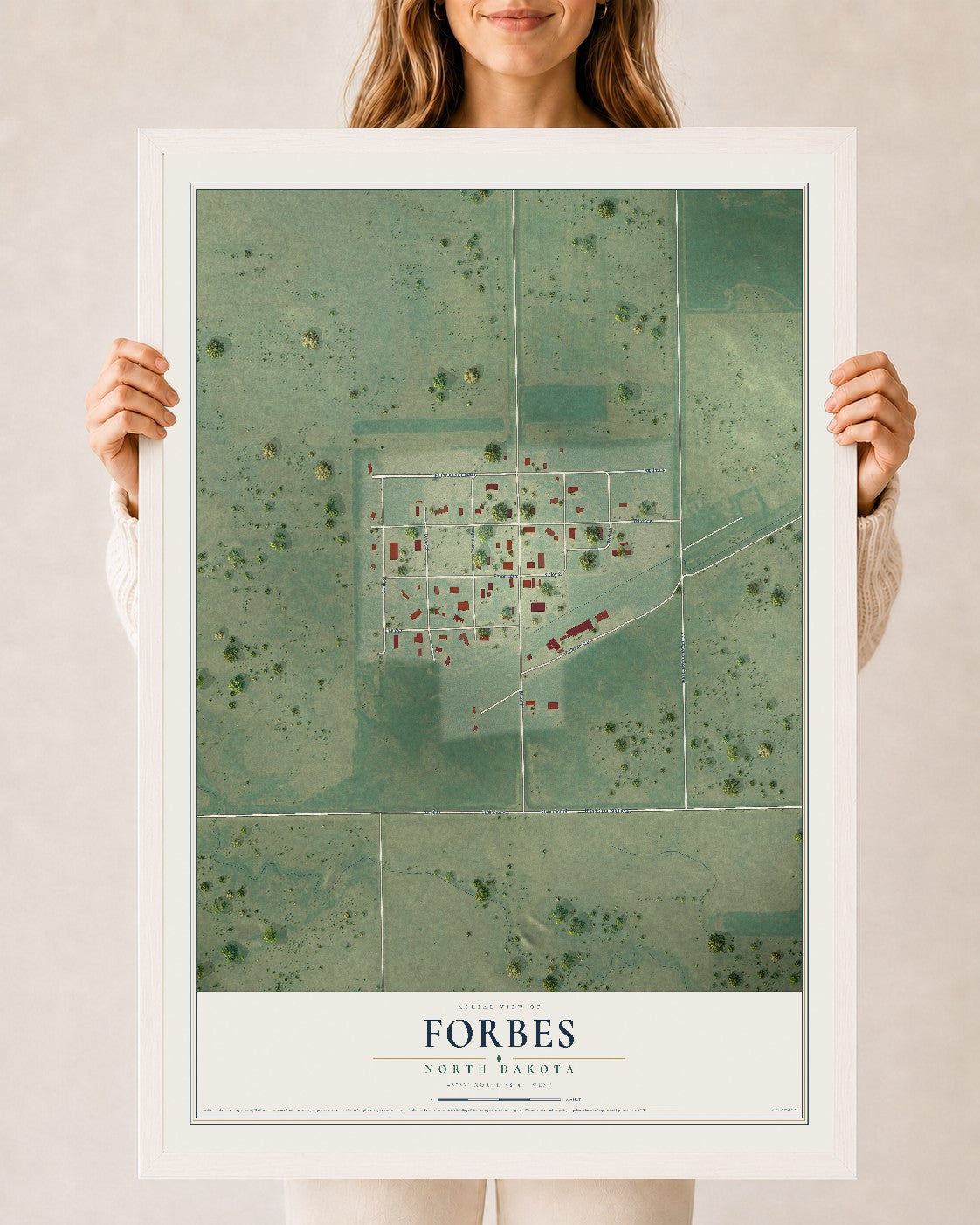 Map of Forbes, North Dakota, 24 x 36 inch print in a white wood frame