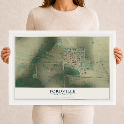 Map of Fordville, North Dakota, 12 x 18 inch print in a white wood frame
