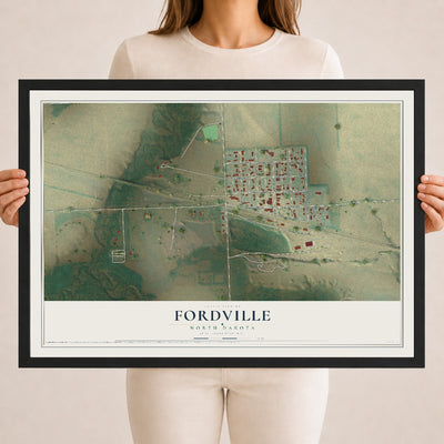 Map of Fordville, North Dakota, 18 x 24 inch print in a black wood frame