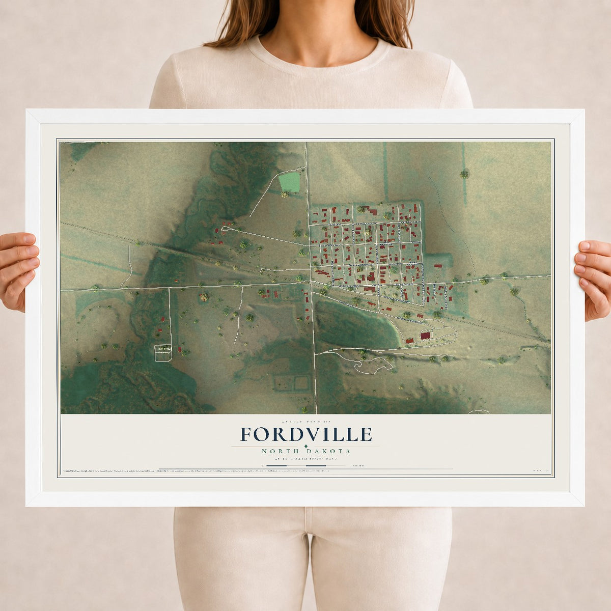 Map of Fordville, North Dakota, 18 x 24 inch print in a white wood frame