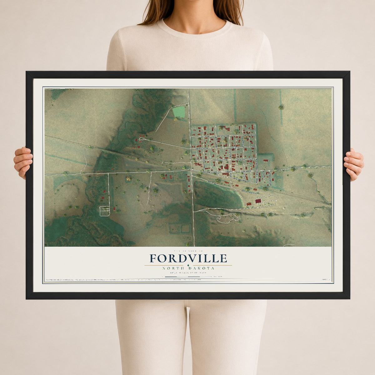 Map of Fordville, North Dakota, 24 x 36 inch print in a black wood frame