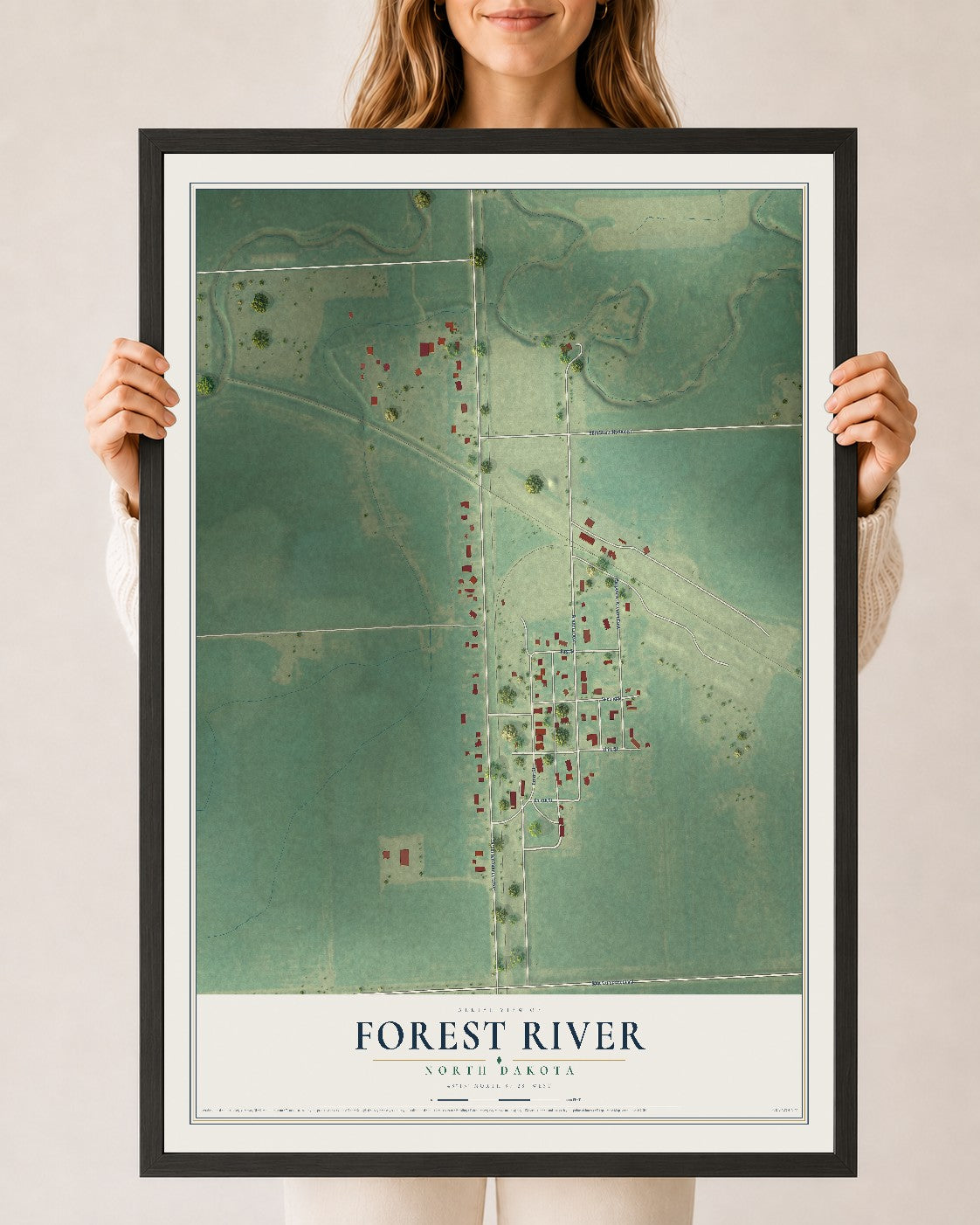 Map of Forest River, North Dakota, 24 x 36 inch print in a black wood frame