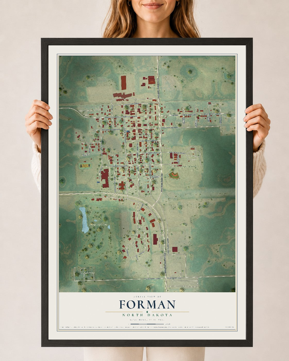 Map of Forman, North Dakota, 24 x 36 inch print in a black wood frame