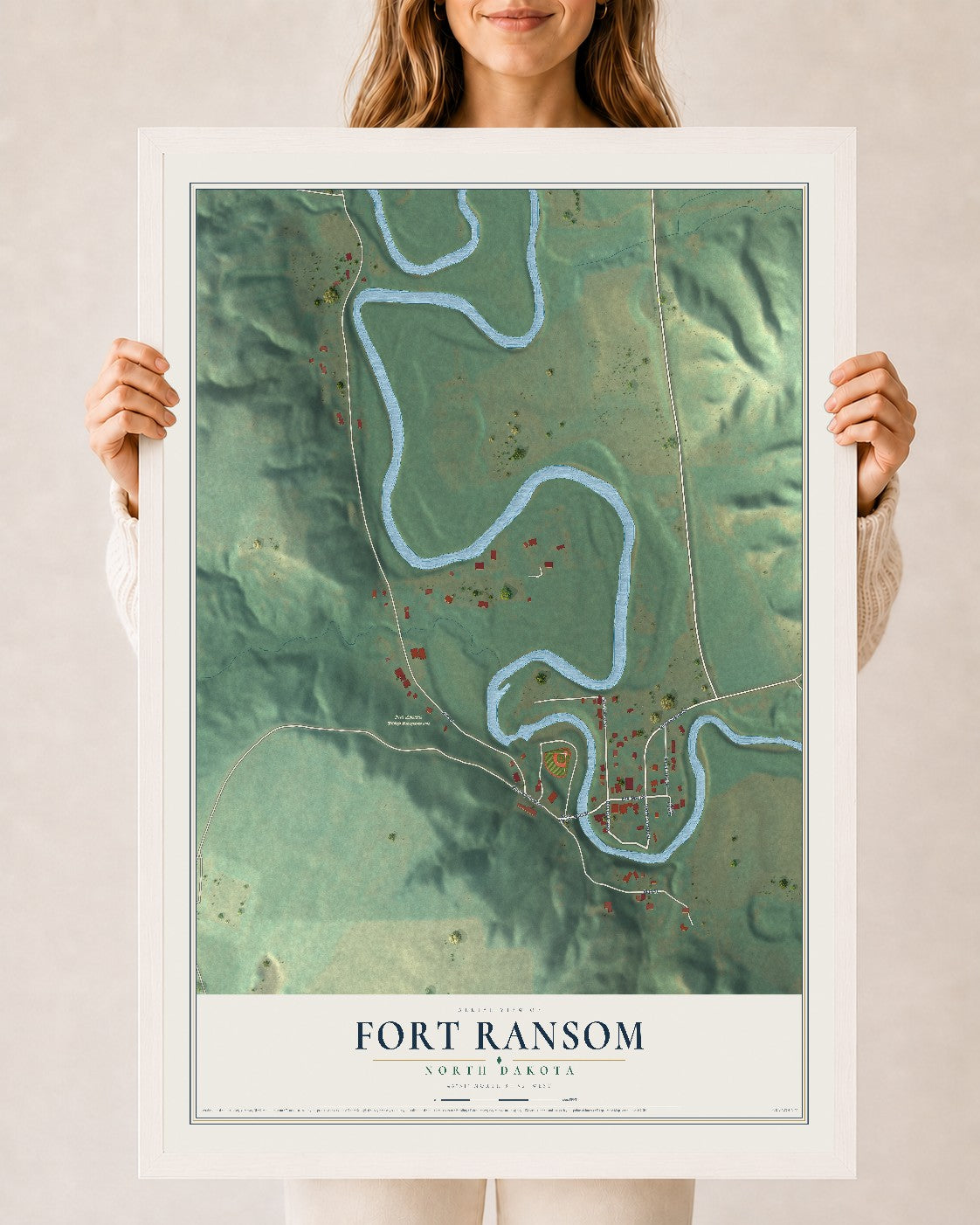 Map of Fort Ransom, North Dakota, 24 x 36 inch print in a white wood frame