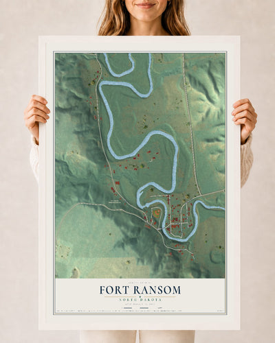Map of Fort Ransom, North Dakota, 24 x 36 inch print in a white wood frame
