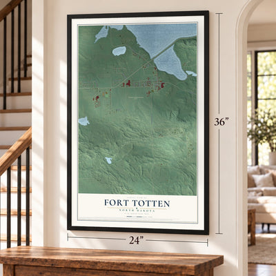 Fort Totten, North Dakota map, 24 x 36 inch print in a black frame by a staircase